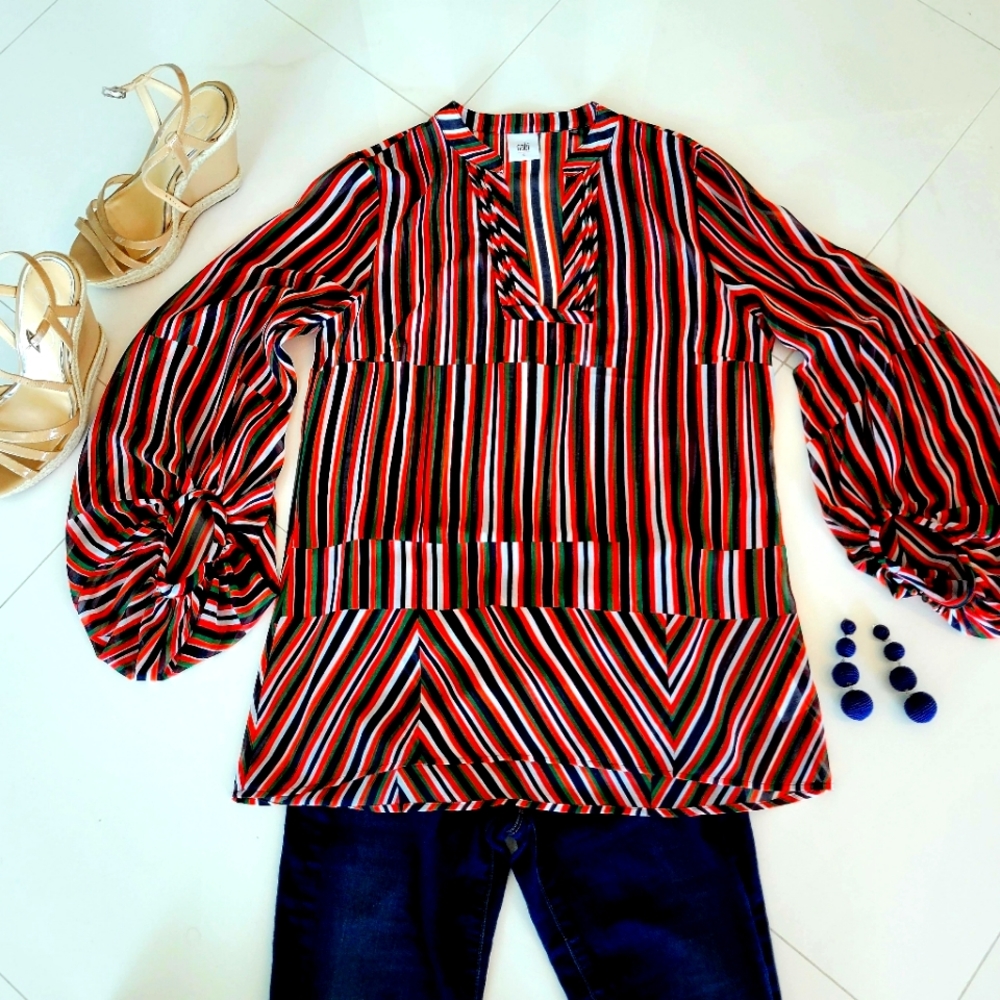 Cabi orange/blue stripe sheer blouse with balloon sleeve sz S